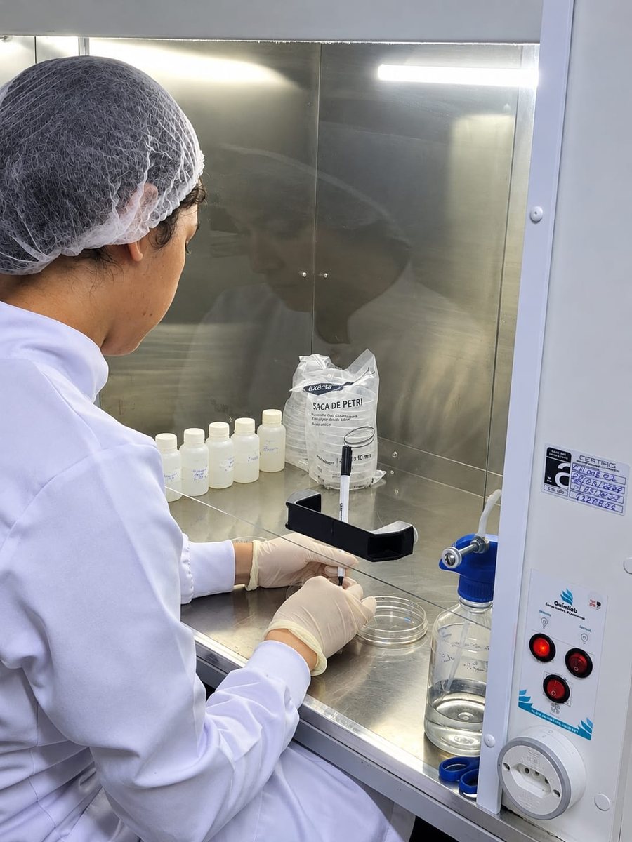 Analista da Tecnoagua trabalhando na cabine do laboratório de microbiologia
