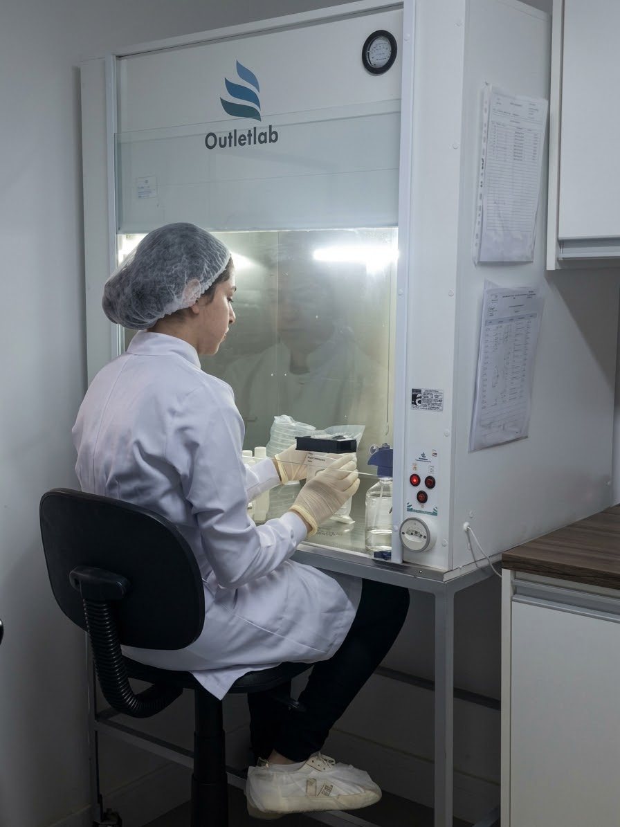 Analista na cabine de fluxo laminar do laboratório de microbiologia